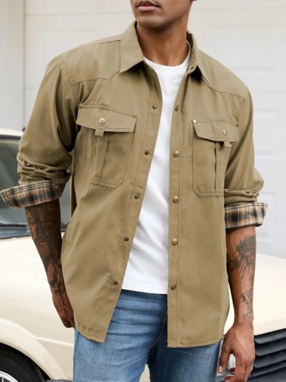 Mens Flannel Linend Shirts Jacket Lightweight Plaid Jackets Snap Button M-Khaki